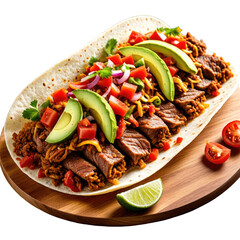 Loaded open-faced taco with beef, avocado, tomato, cilantro, and lime