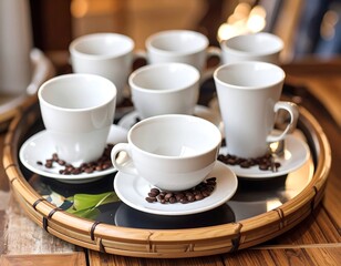 Empty white coffee cups on a bamboo tray, coffee beans