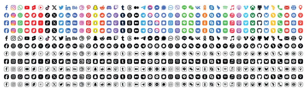 Social media and communication contact logo and icon collection in various style. facebook, instagram, whatsapp, twitter, threads, tiktok, messenger, telegram, pinterest