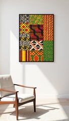 Colorful abstract wall art in modern interior with chair and sunlight  