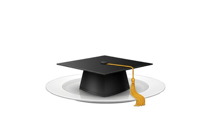 graduation cap with a gold tassel resting on a white dinner plate, symbolizing education and achievement.