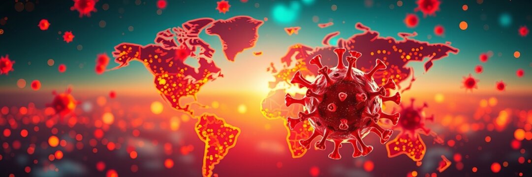 A global pandemic is depicted through a world map overlaid with virus cells, creating a visual representation of worldwide health crisis on a sunset background. - Powered by Adobe