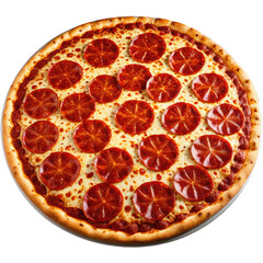 Round pizza with pepperoni slices and melted cheese on a crisp crust