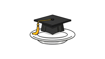 graduation cap with a gold tassel sits atop a white plate, symbolizing achievement.