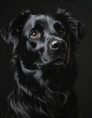 Close-up portrait of a black dog.  Intense gaze