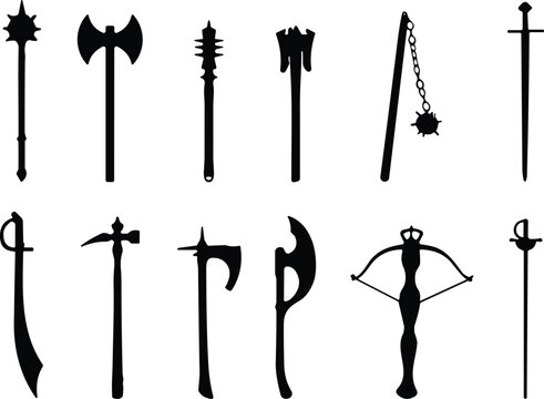 Set of twelve black medieval weapon silhouettes including swords, maces, axes, flails, war hammers, crossbow, and longbow