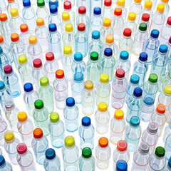 Bottled waters various colored caps, tightly packed overhead