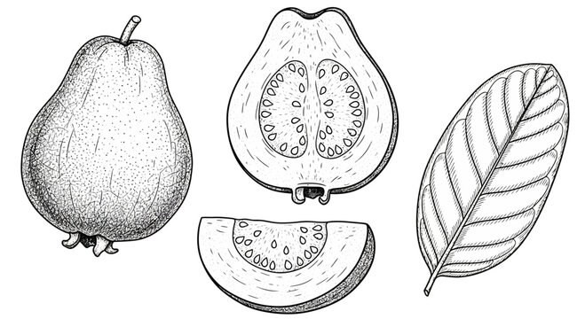 Illustration of a guava fruit: whole, halved, and sliced, accompanied by a leaf, all rendered in a detailed, stippled, black and white line drawing style.