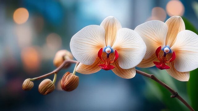 Elegant Orchid Bloom: Delicate ivory and peach orchid blossoms unfold in the gentle sunlight, their exquisite details beautifully captured against a soft, blurred background.