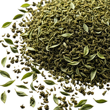 Pile of dried green tea leaves with scattered pieces on black