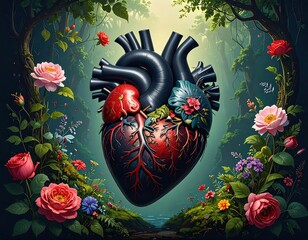 A 3D anatomical heart surrounded by lush flowers and foliage