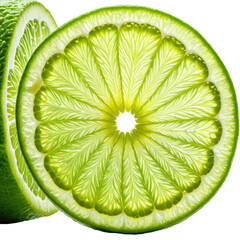 Sliced citrus fruit with radiant pulp and textured green skin