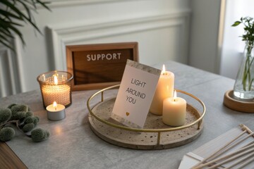 Cozy home decor with candles, support sign, and motivational card on a stylish table setting in a tranquil environment
