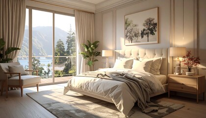 Fototapeta premium Sunlight-drenched bedroom with lake view