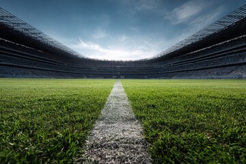 Wideangle view of a professional football field showcasing vibrant grass and a dramatic sky in the background during daylight hours