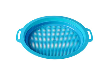 Bright blue plastic sieve with handles isolated on transparent background