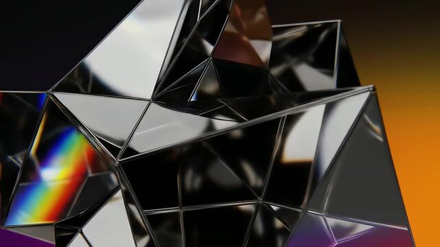 Abstract Geometric Composition of Interlocking Shiny Black and Clear Faceted Shapes Against a Gradient Orange Backdrop with Rainbow Reflections