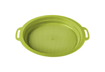 Green kitchen sieve with handles isolated on transparent background