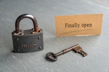 Vintage padlock and key symbolizing freedom with a card saying finally open on a gray stone surface