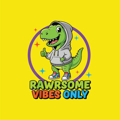White T-Shirt Featuring Cartoon Dinosaur with Rawsome Vibes Only Text.