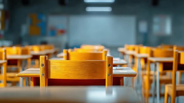 Empty Classroom Scene: An inviting educational space, featuring rows of tidy wooden desks and chairs bathed in soft light, and a clean whiteboard, representing learning and knowledge.