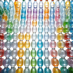 Array of various colored transparent plastic bottles filling the frame