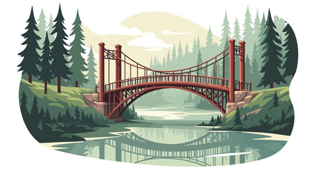 A red suspension bridge gracefully spans a tranquil river, surrounded by lush evergreen trees and foliage.