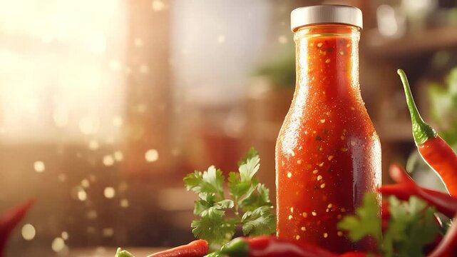 Spicy Hot Sauce Bottle With Red Chilies And Herbs.
