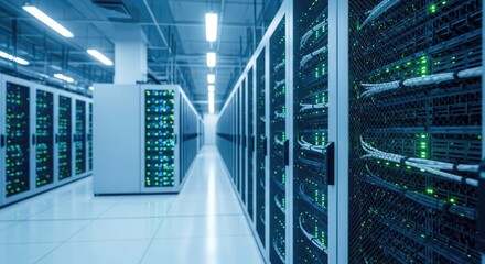 A server room with multiple servers and cables in a data center.
