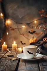 Fototapeta premium Cozy halloween mockup with coffee cup and festive decor for seasonal design. Vertical banner. Copy space. Template for a bar, coffee shop, bakery, or pastry shop