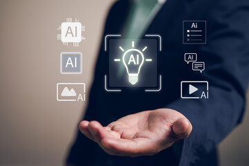 Businessman presents a multi-modal generative AI solution. The UI shows an idea lightbulb and icons for creating text, images, and video, representing creative artificial intelligence.