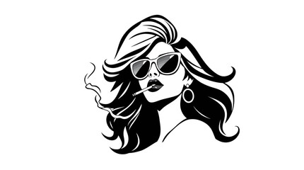 Illustration of a woman with sunglasses smoking a cigarette, depicted in black and white.