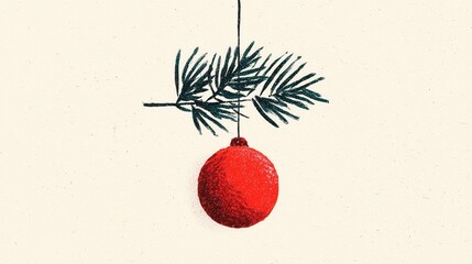 Vintage Christmas illustration with hanging pine branch and red bauble against textured beige background, festive holiday design suitable for wallpaper, poster, decor