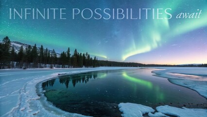 Breathtaking Night Sky with Vibrant Northern Lights Over Icy Lake and Snowy Landscape in Serene Wilderness