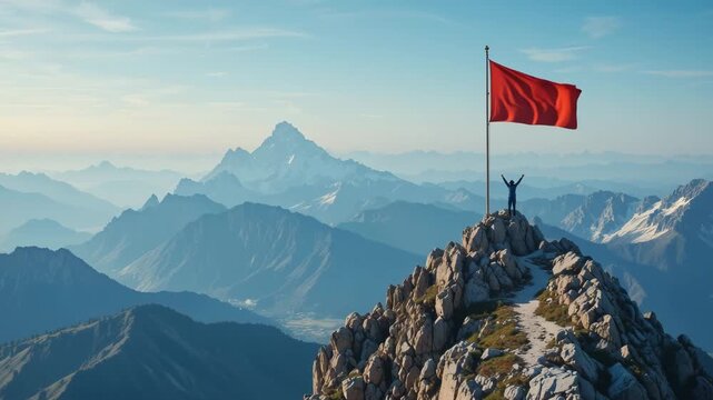 Red flag on a snowy peak of the Alps mountain landscape view under a blue sky