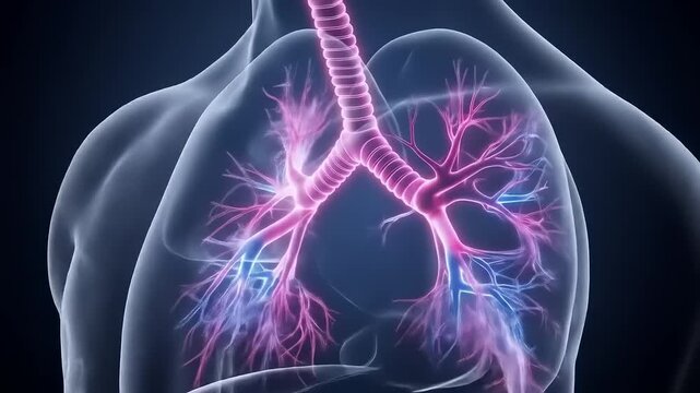 Detailed anatomical illustration of human lungs with vibrant color-coded bronchial structures