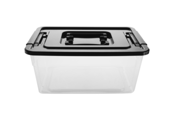 Clear plastic storage container with black lid isolated on transparent background