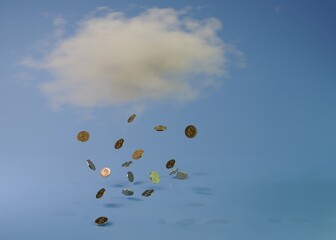 Clouds with gold coins raining down on a blue background 3D render