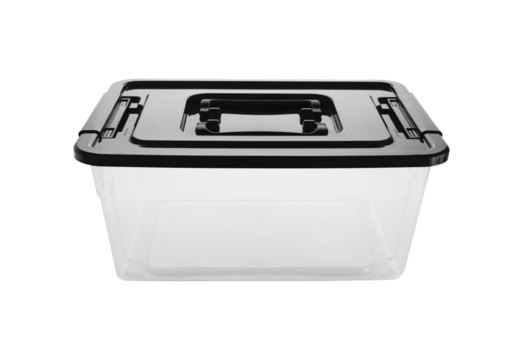 Clear plastic storage container with black lid isolated on transparent background