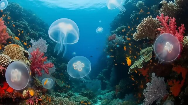 Underwater scene with jellyfish swimming near colorful coral reefs.
