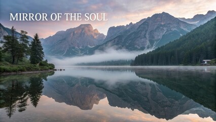 Serene Mountain Reflection at Dawn with Mist over Calm Lake and Lush Green Forest in Scenic Natural Landscape
