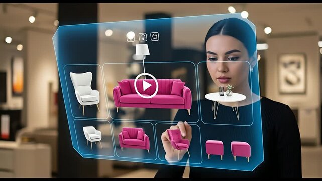 Woman Interacting with Augmented Reality Display of Pink Furniture in Bright Showroom Modern Futuristic Interface and Black Top - Powered by Adobe