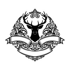 Elegant Deer Crest - A Vintage Emblem with Antlers and Ornamental Details.