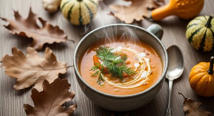 Warm, seasonal pumpkin soup with cream drizzle, dill garnish. Perfect for autumn celebrations, Thanksgiving, cozy cooking blogs, or recipe promotions. Food photography.