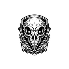 Intricate skull illustration with sharp details and ornamental frame.