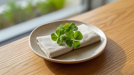 Fresh Clover Leaf on Folded Linen Napkin and Ceramic Plate for St Patrick's Day Table Setting