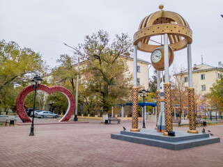 Naklejka premium Artistic decorations on pedestrian walkways in Baikonur, Kazakhstan. 