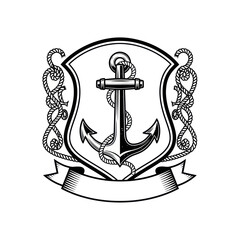 Monochrome nautical anchor emblem with shield and rope border. © xigma