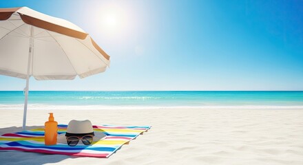 Fototapeta premium A beach umbrella and a hat on a colorful striped beach towel under a clear blue sky with a calm ocean in the background.