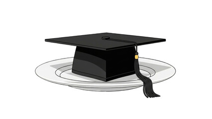 black graduation cap with a tassel is placed on a white plate, symbolizing education and achievement.